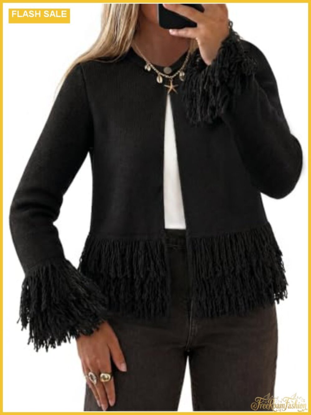 Crochet Fringe Cardigan Women Crew Neck Button Down Boho Knit Sweater